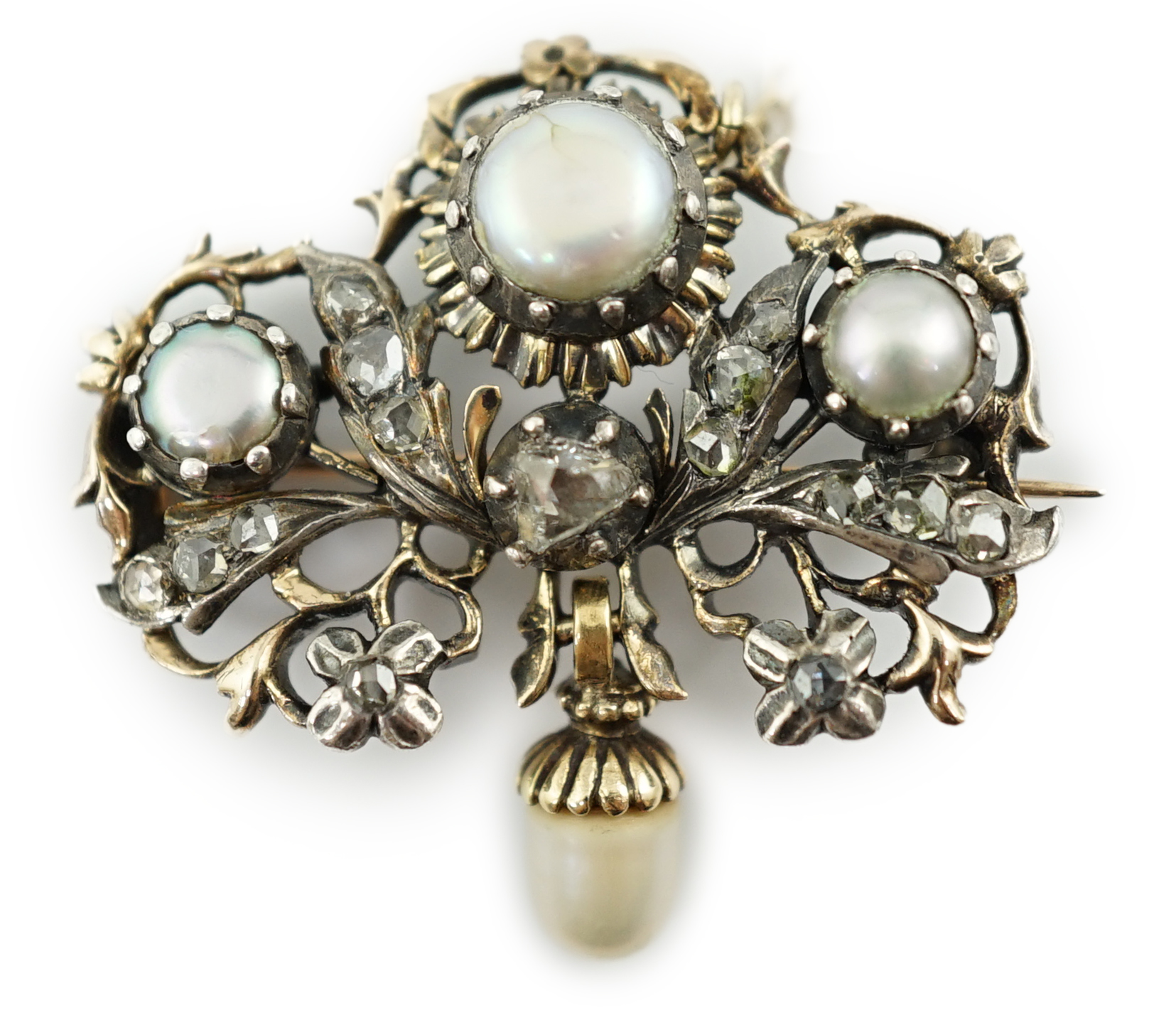 A Victorian gold and silver, button pearl and rose cut diamond cluster set drop brooch